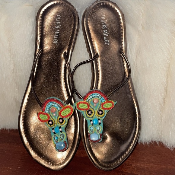 Olivia Miller Shoes - Olivia Miller Colorful Beaded Flip Flop Sandals Copper Lightweight Size 8